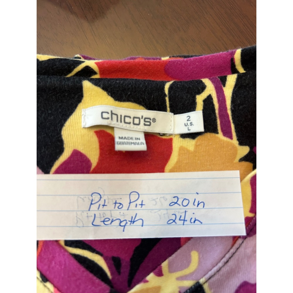 Chicos Floral Pima Cotton V-Neck Top Size 2 Large 3/4 Sleeve Multicolor Knit - Picture 2 of 6